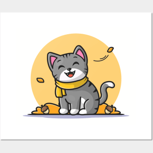 Cute Cat In Autumn Cartoon Vector Icon Illustration Posters and Art